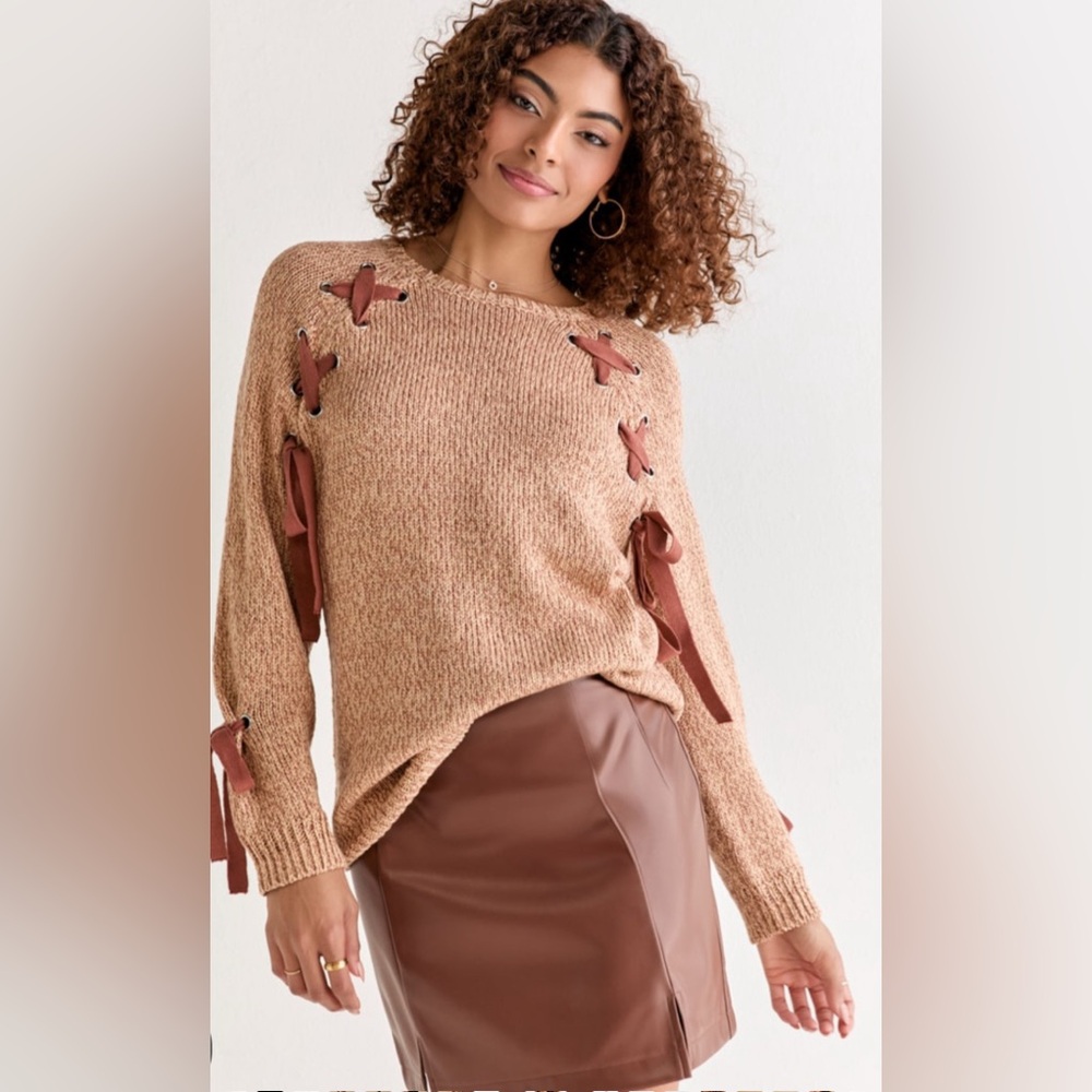 New Francesca's Galilea Lace Up Pullover Taupe Sweater With Ribbon Detail